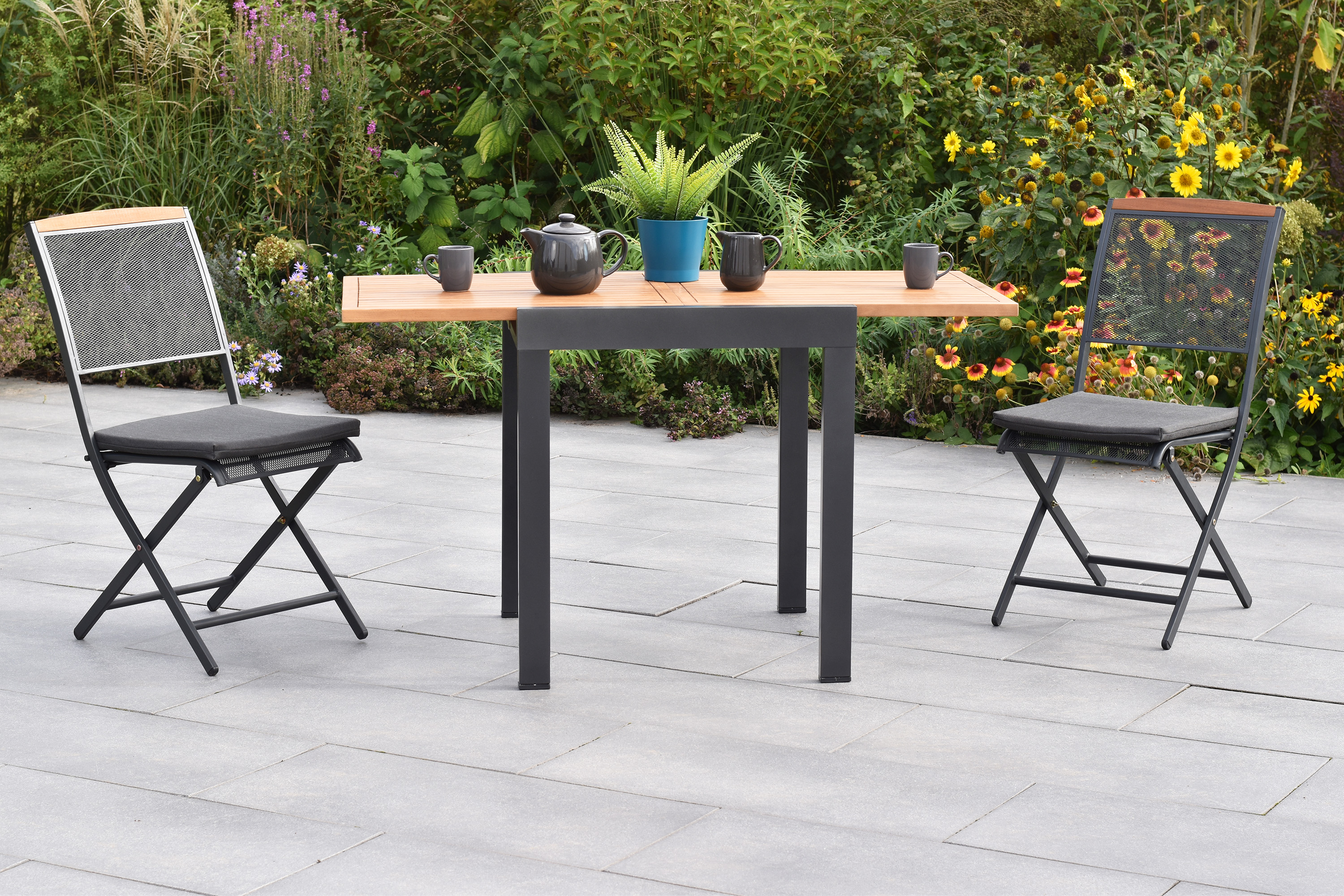 Patmos Set, 5tlg., Balkonausziehtisch, 65/130 x 65 cm, Tischplatte aus Akazienholz, inkl. Kissen, Patmos Set, 5tlg., Balkonausziehtisch, 65/130 x 65 cm, Tischplatte aus Akazienholz, inkl. Kissen,