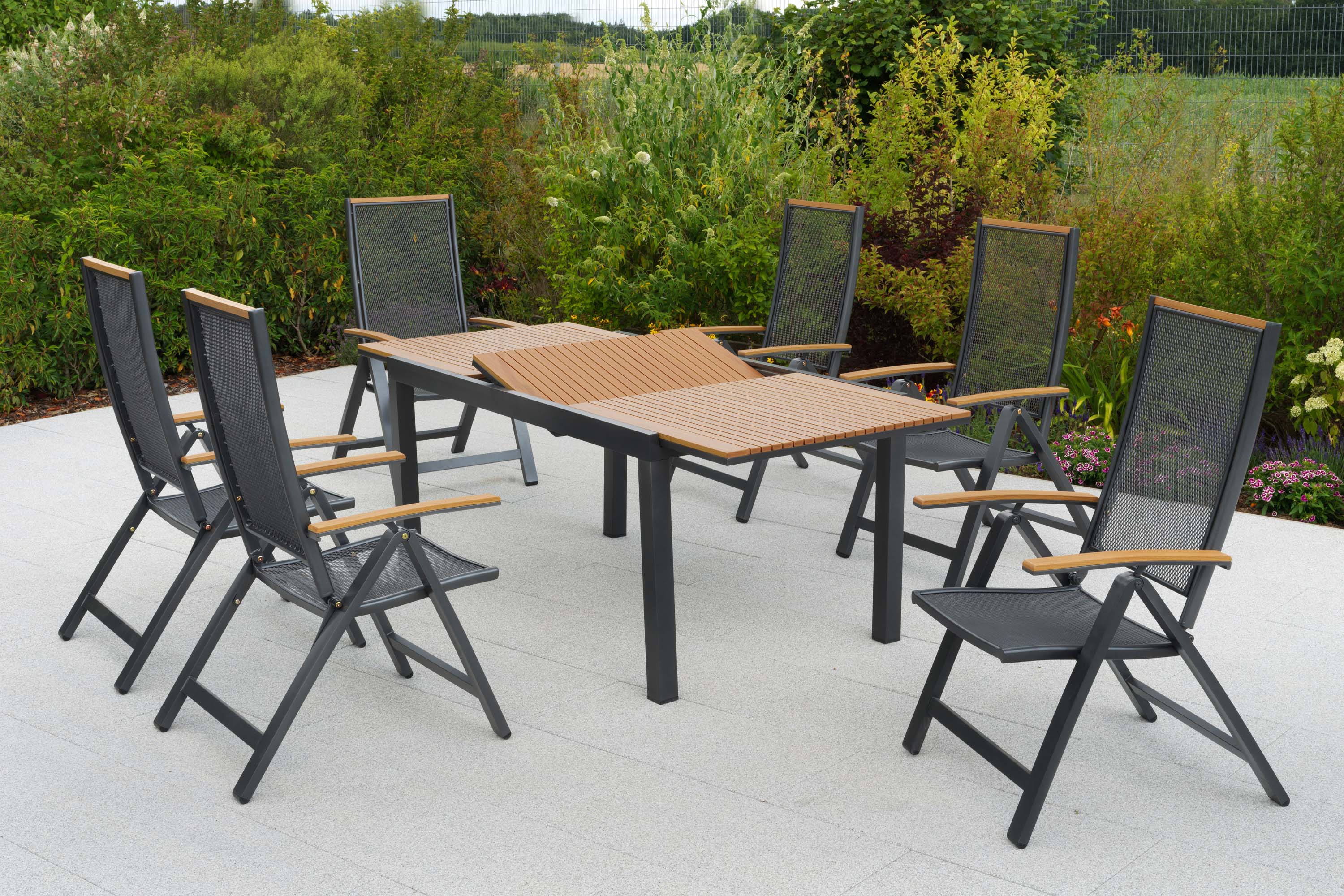 Itanos Set 7tlg., 6 Klappsessel, Ausziehtisch 150 (200) x 90 cm Itanos Set 7tlg., 6 Klappsessel, Ausziehtisch 150 (200) x 90 cm