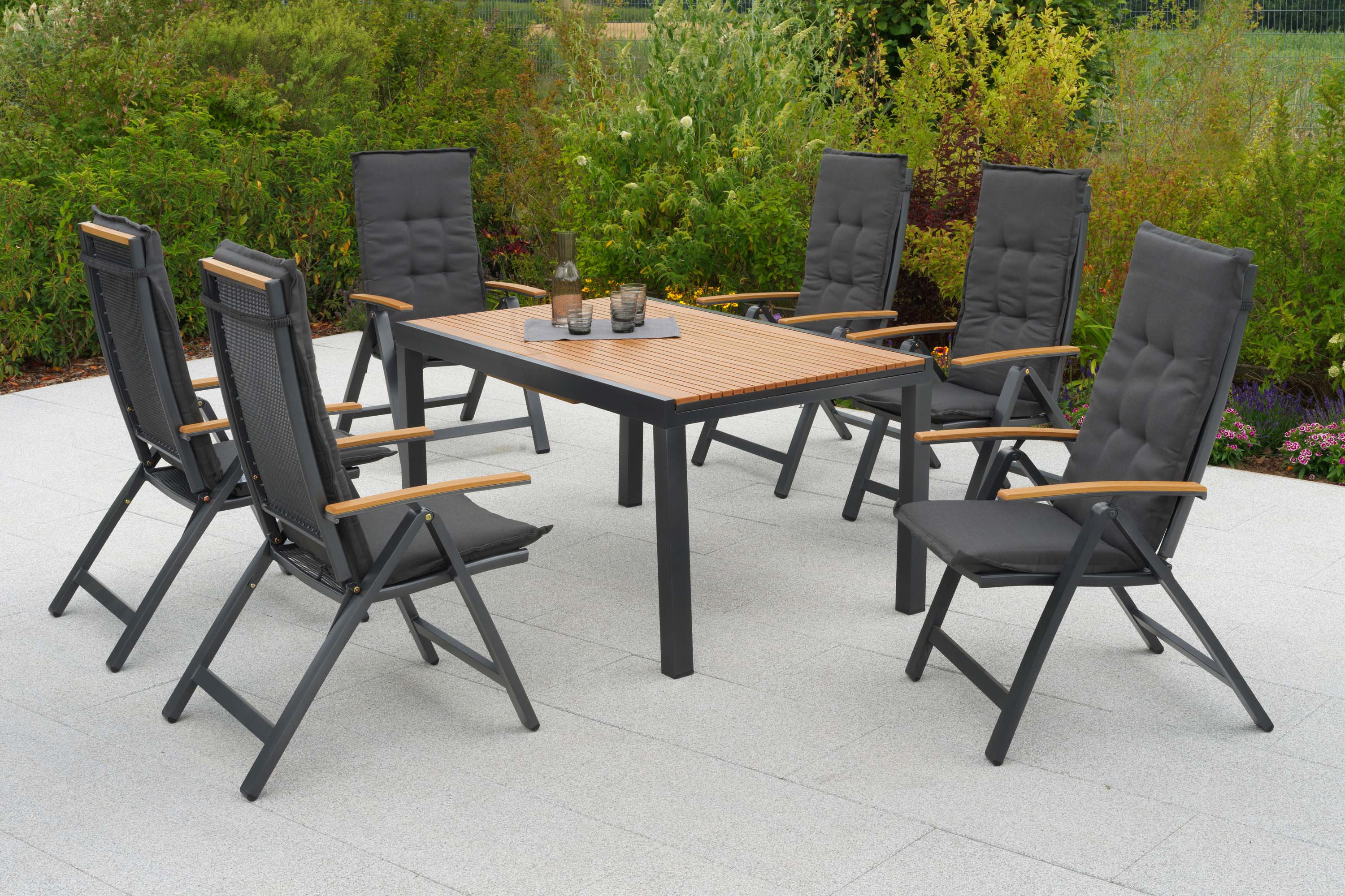 Itanos Set 13tlg., 6 Klappsessel, Ausziehtisch 150 (200) x 90 cm, inkl. Kissen Itanos Set 13tlg., 6 Klappsessel, Ausziehtisch 150 (200) x 90 cm, inkl. Kissen