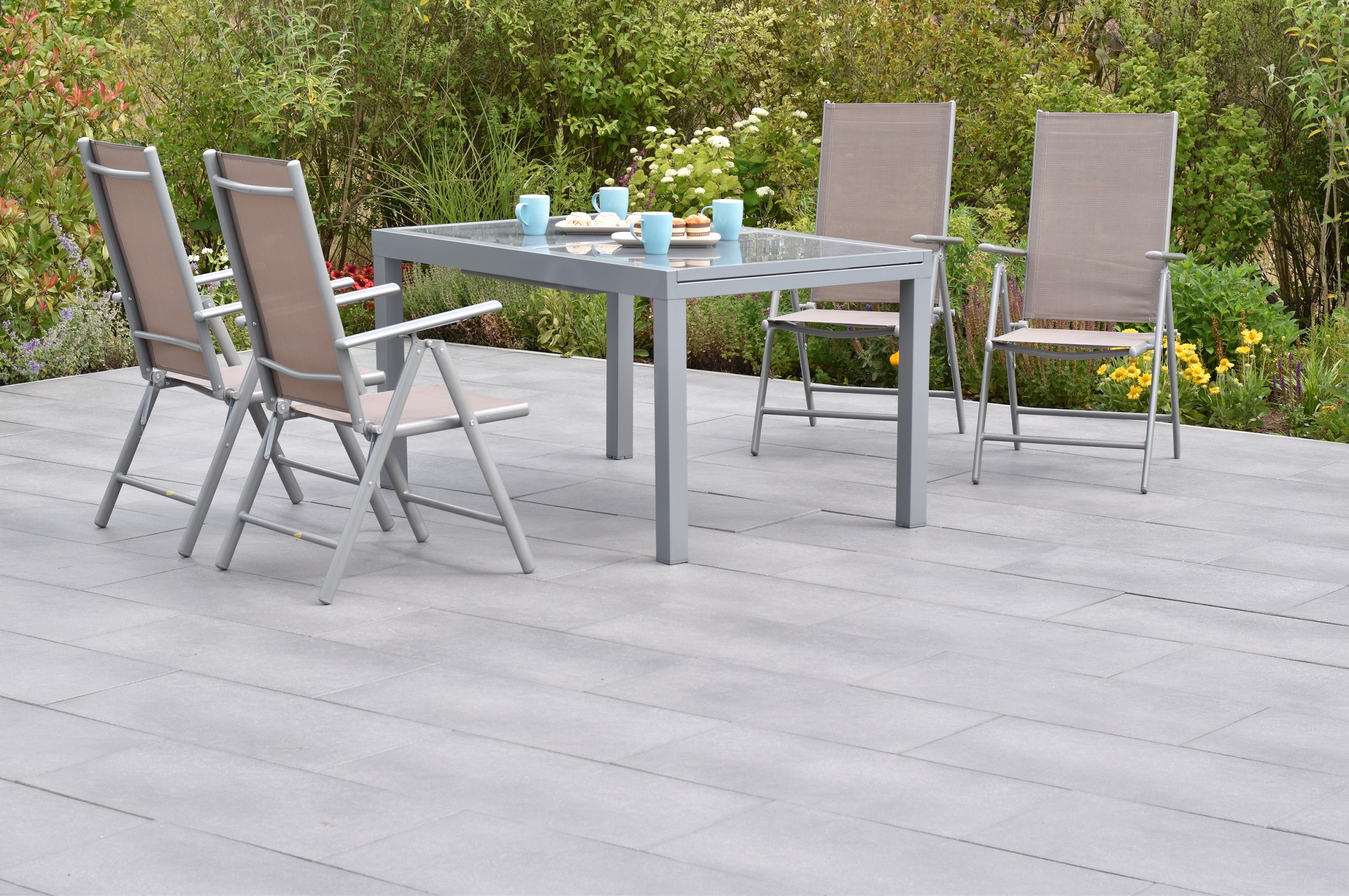 Amalfi Set 5tlg., 4 Klappsessel, Ausziehtisch 140 (200) x 90 cm, taupe Amalfi Set 5tlg., 4 Klappsessel, Ausziehtisch 140 (200) x 90 cm, taupe