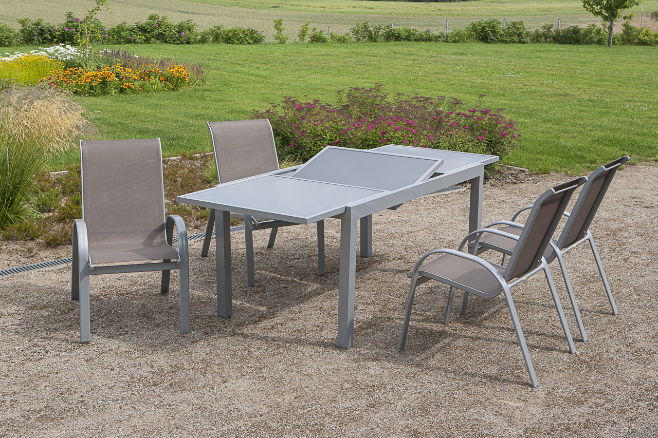 Amalfi Set 5tlg., 4 Stapelsessel, Ausziehtisch 140 (200) x 90 cm, taupe Amalfi Set 5tlg., 4 Stapelsessel, Ausziehtisch 140 (200) x 90 cm, taupe
