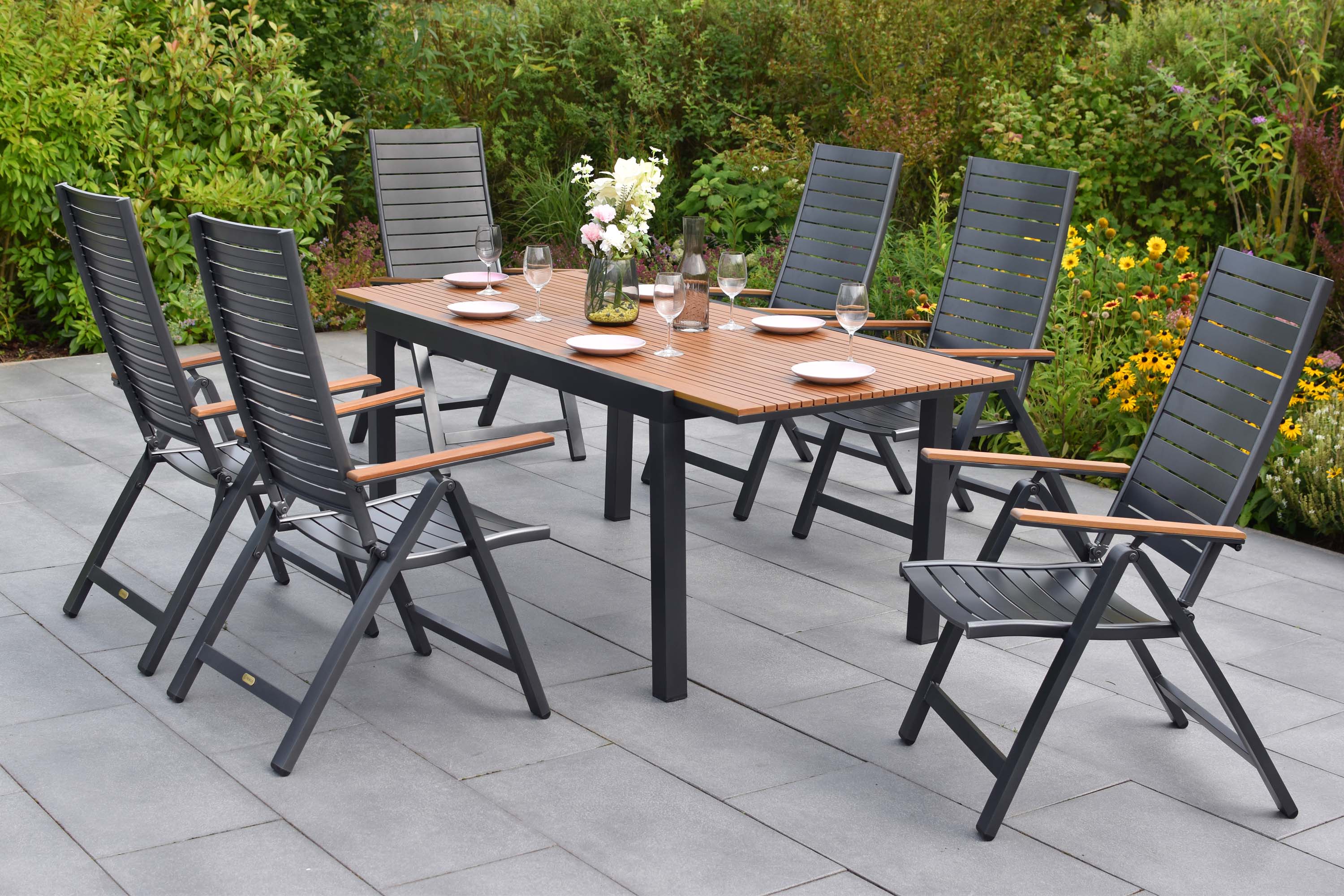 Astros Set 7tlg., 6 Klappsessel, Ausziehtisch, 150 (200) x 90 cm Astros Set 7tlg., 6 Klappsessel, Ausziehtisch, 150 (200) x 90 cm