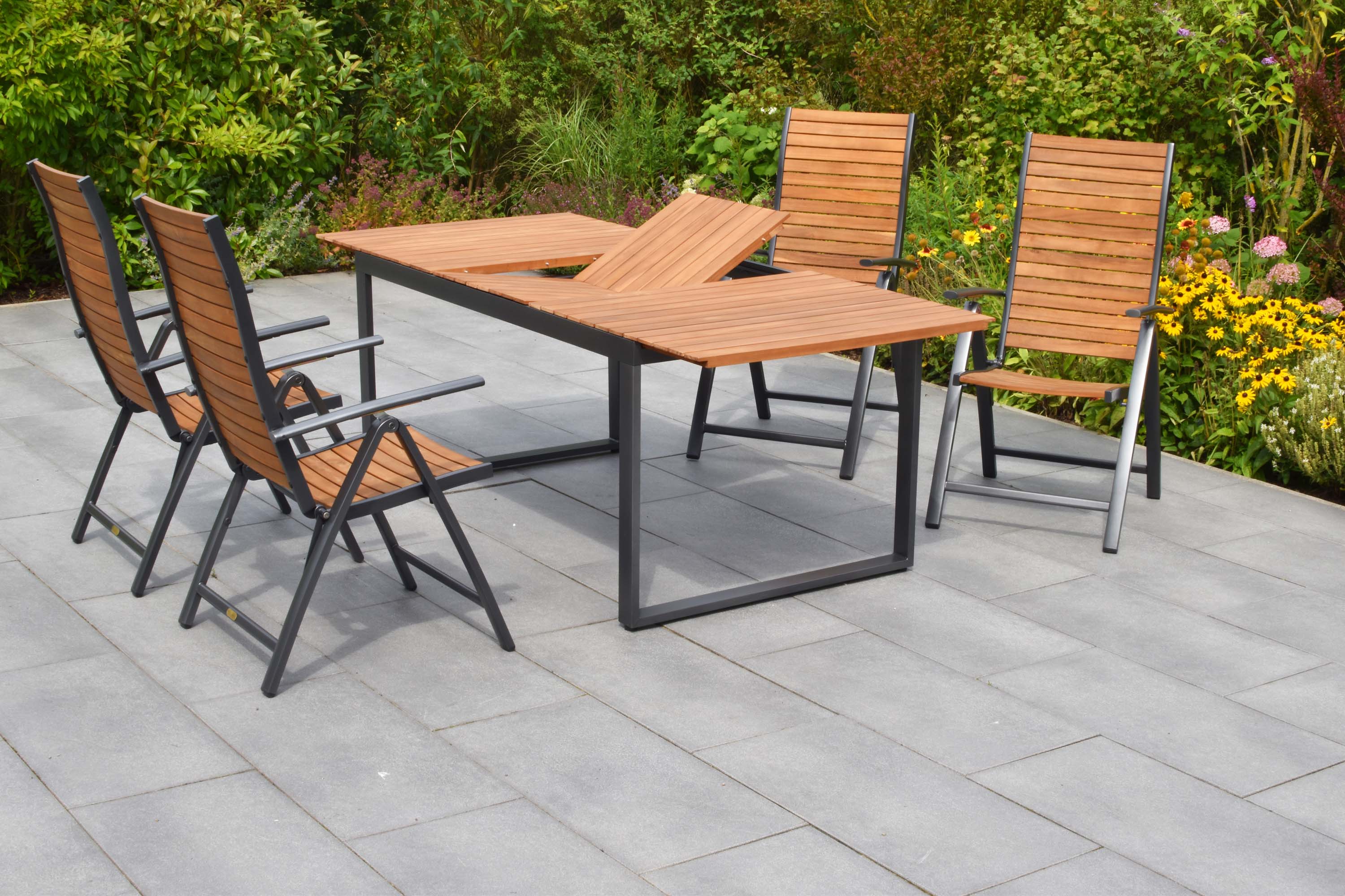 Santorin Set 5tlg., 4 Klappsessel, Ausziehtisch 150 (200) x 90 cm