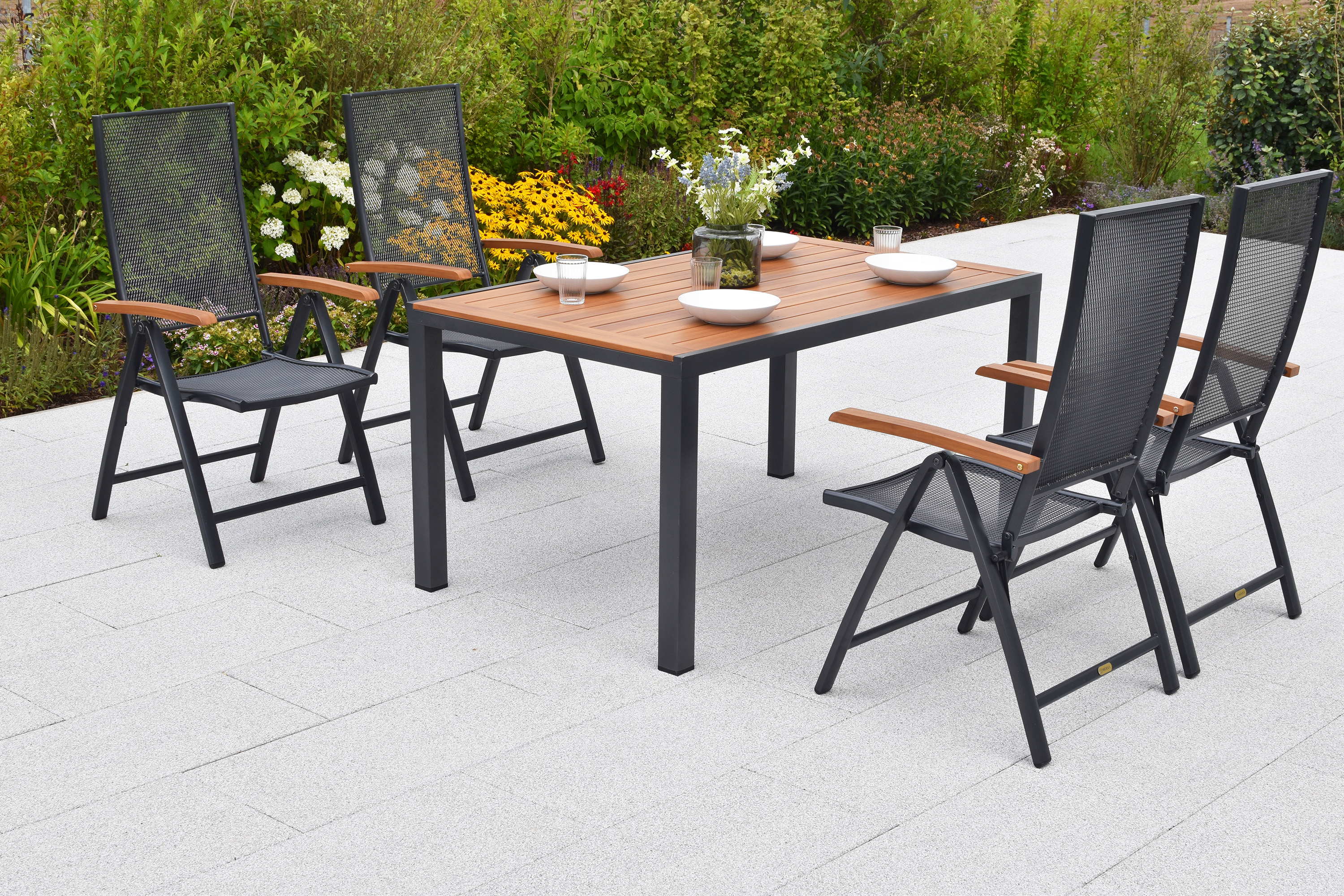 Thasos Set 5tlg., 4 Klappsessel, Tisch 150 x 90 cm, folierte Tischplatte in Holzoptik