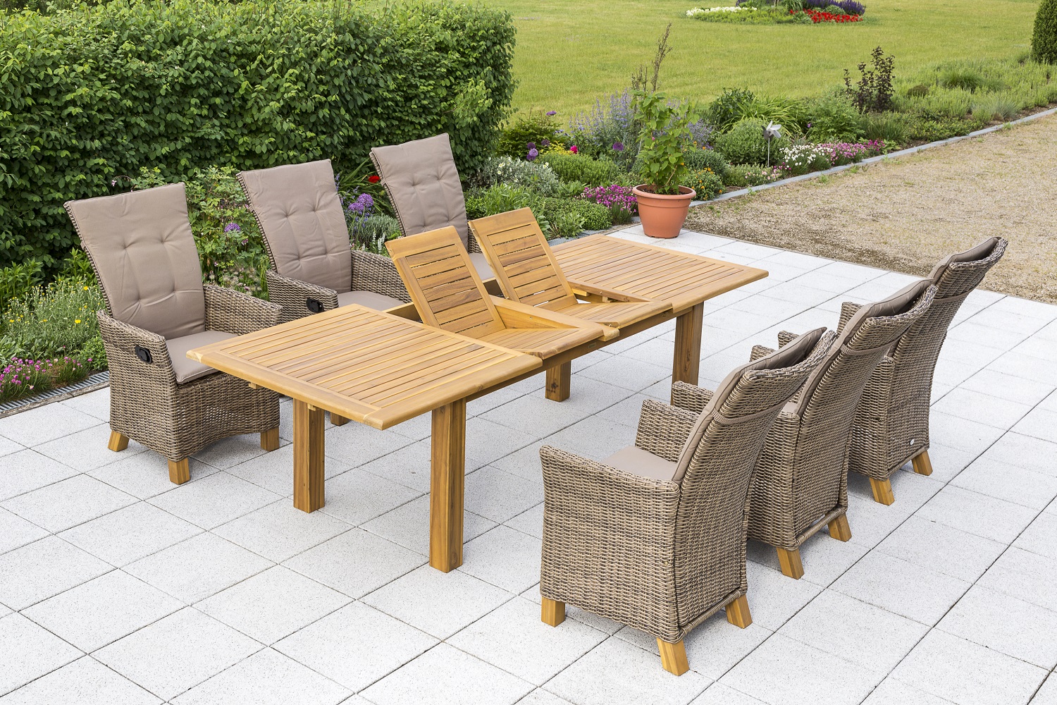 Toskana Set, 13tlg., Doppelausziehtisch 180/220/260 x 100 cm, natur, inkl. Kissen Toskana Set, 13tlg., Doppelausziehtisch 180/220/260 x 100 cm, natur, inkl. Kissen