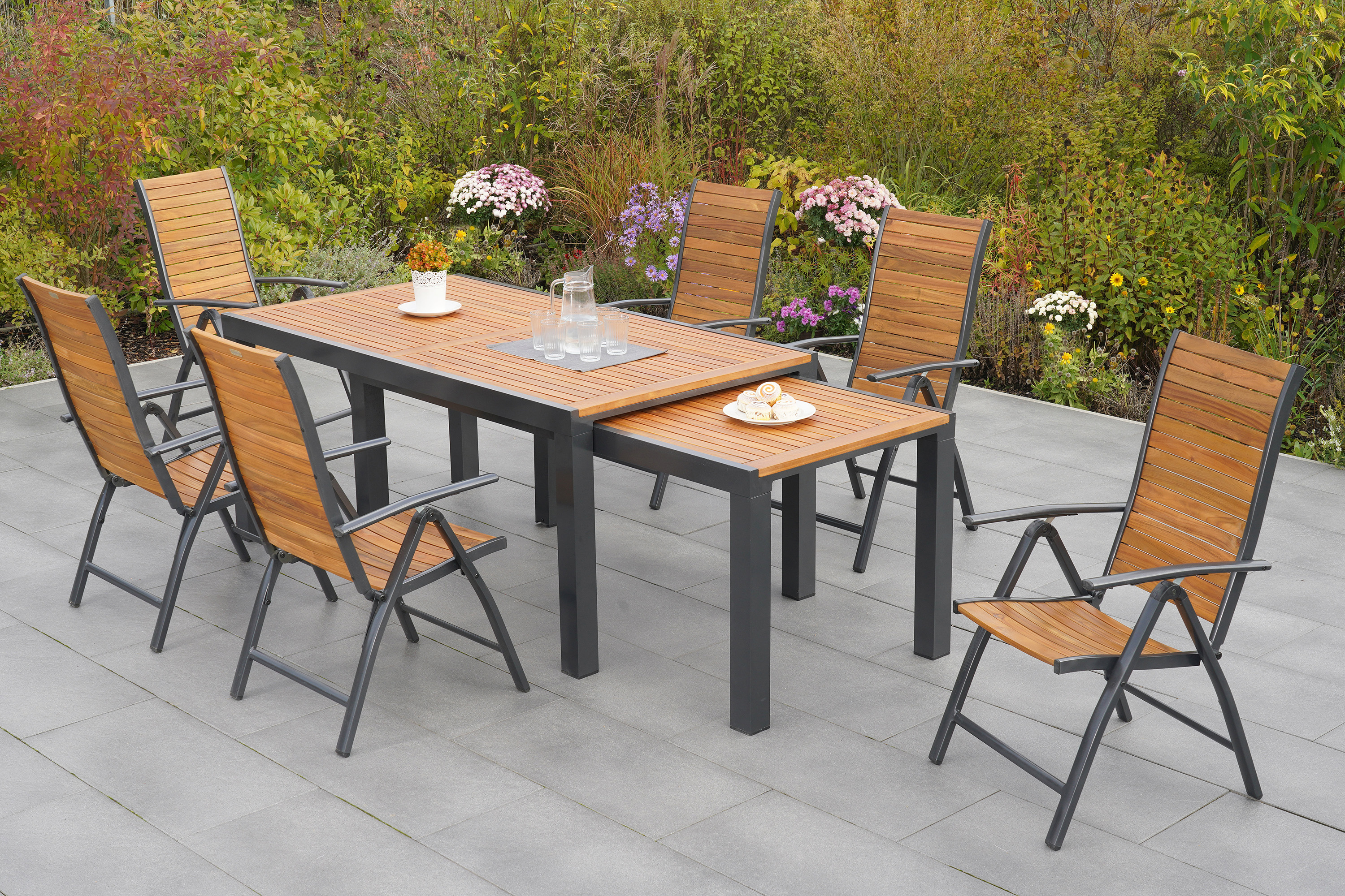 Santorin-Set-7tlg-6x-22020-209-22025-209-SS-HD-2 Santorin Set 7tlg., 6 Klappsessel, Ausziehtisch 180 (300) x 100 cm