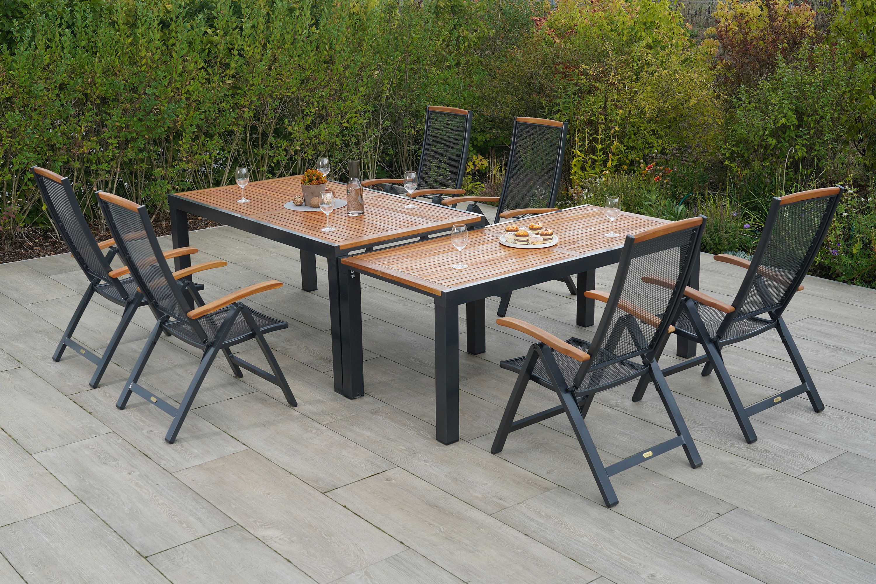 Tilos Set 7tlg., 6 Klappsessel, Flex-Ausziehtisch, 180 (300) x 100 cm