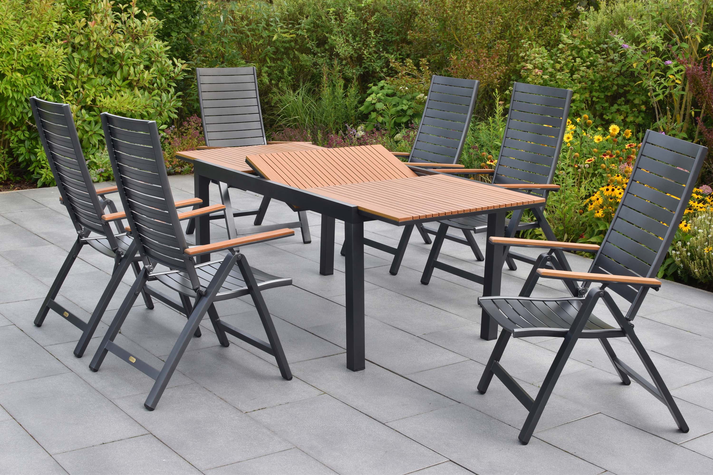 Astros Set 7tlg., 6 Klappsessel, Ausziehtisch, 150 (200) x 90 cm Astros Set 7tlg., 6 Klappsessel, Ausziehtisch, 150 (200) x 90 cm