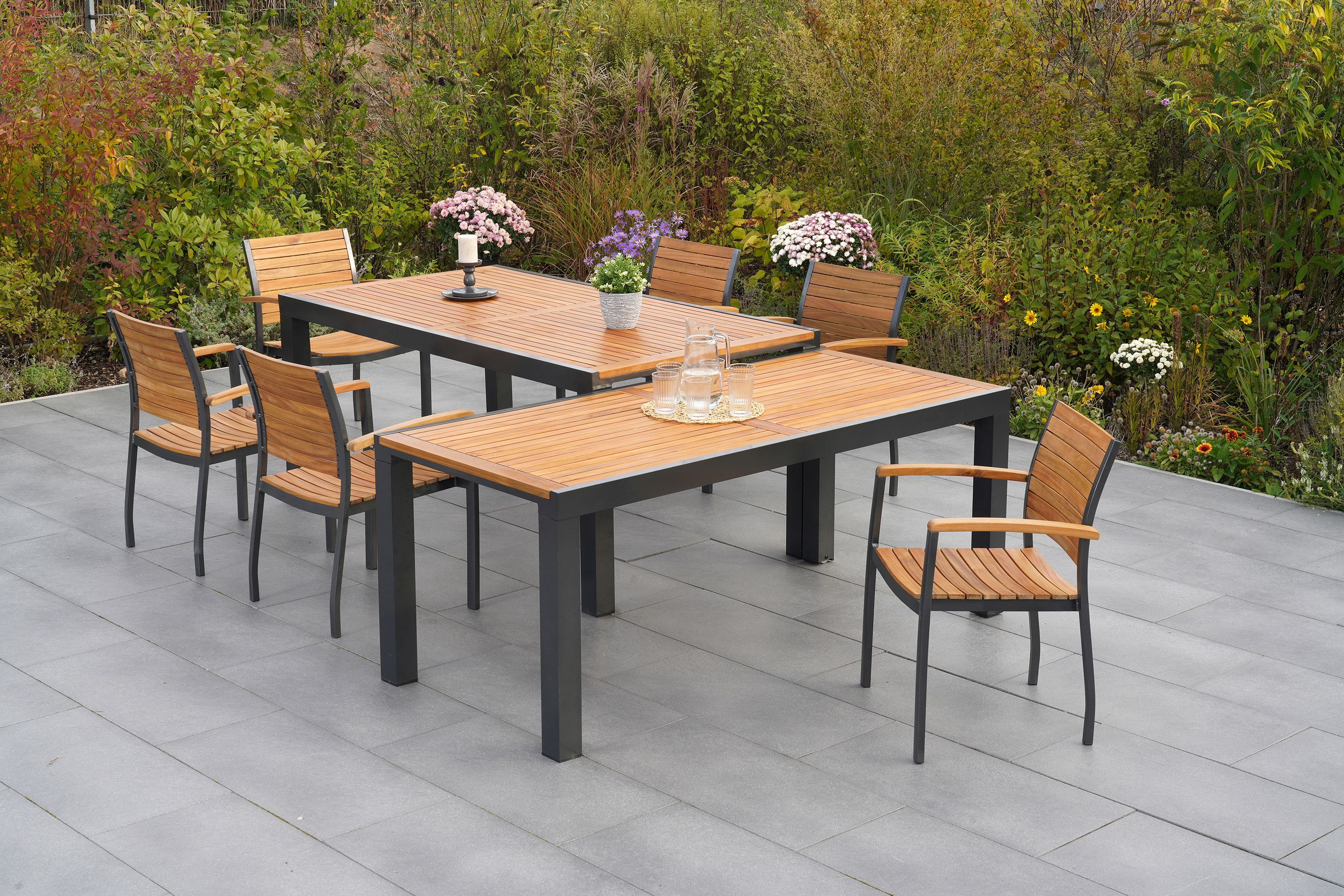 Santorin-Set-7tlg-6x-22021-209-22025-209-SS-HD-4 Santorin Set 7tlg., 6 Stapelsessel, Ausziehtisch 180 (300) x 100 cm