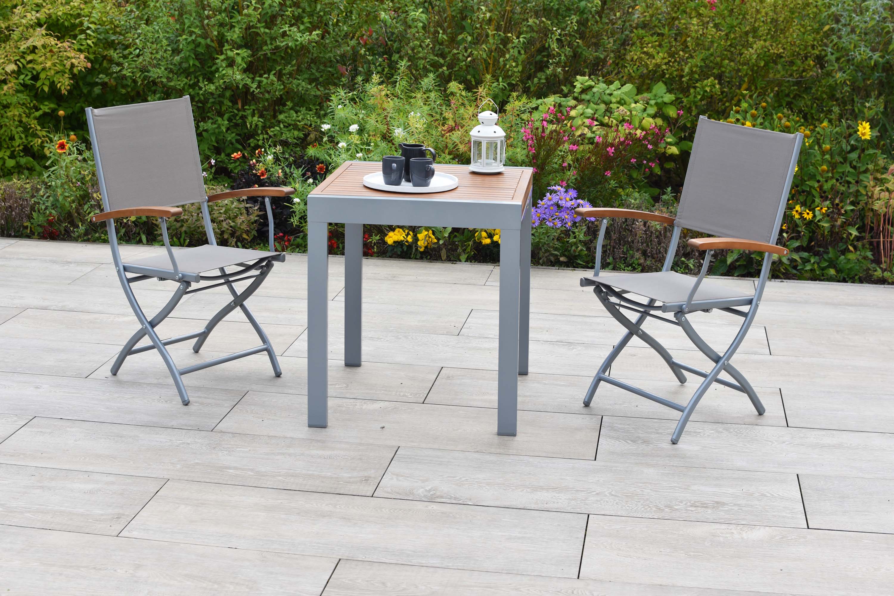 Naxos Set 3tlg., 2 Klappsessel, Balkonausziehtisch 65 (130) x 65 cm, silber