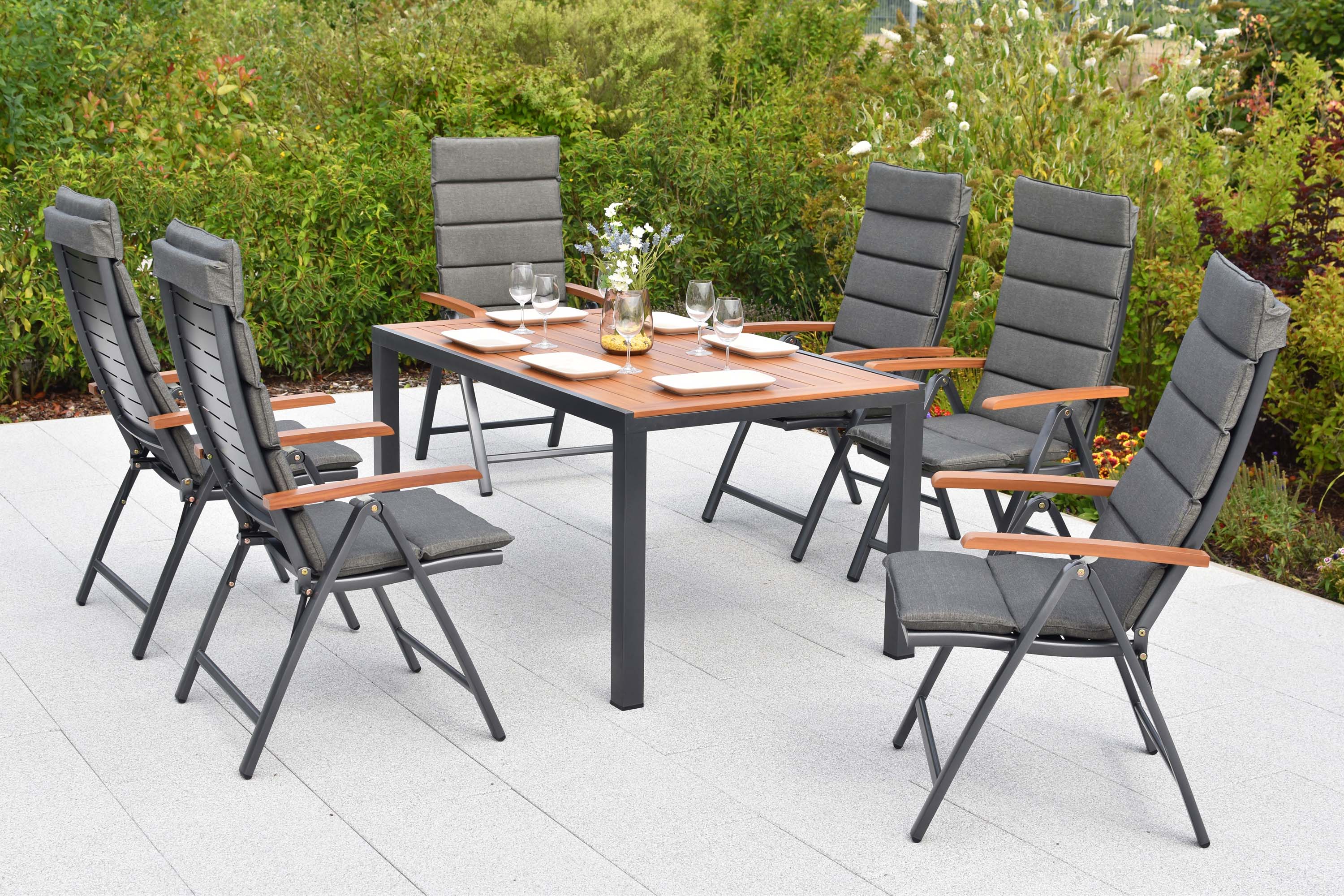 Tinos Set 13tlg., 6 Klappsessel, Tisch 150 x 90 cm, inkl. Kissen