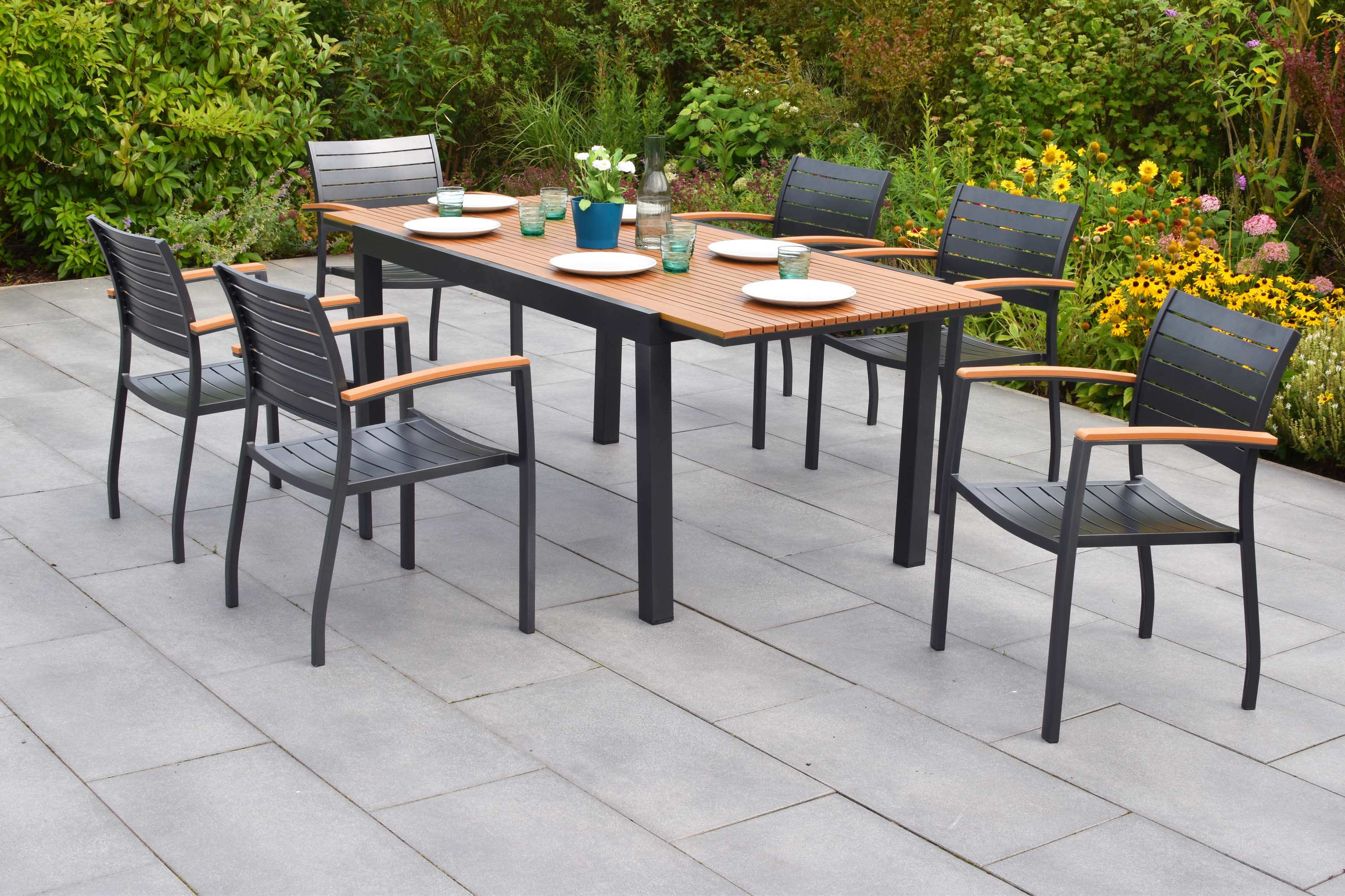 Astros Set 13tlg., 6 Stapelsessel, Ausziehtisch 150 (200) x 90 cm, inkl. Kissen