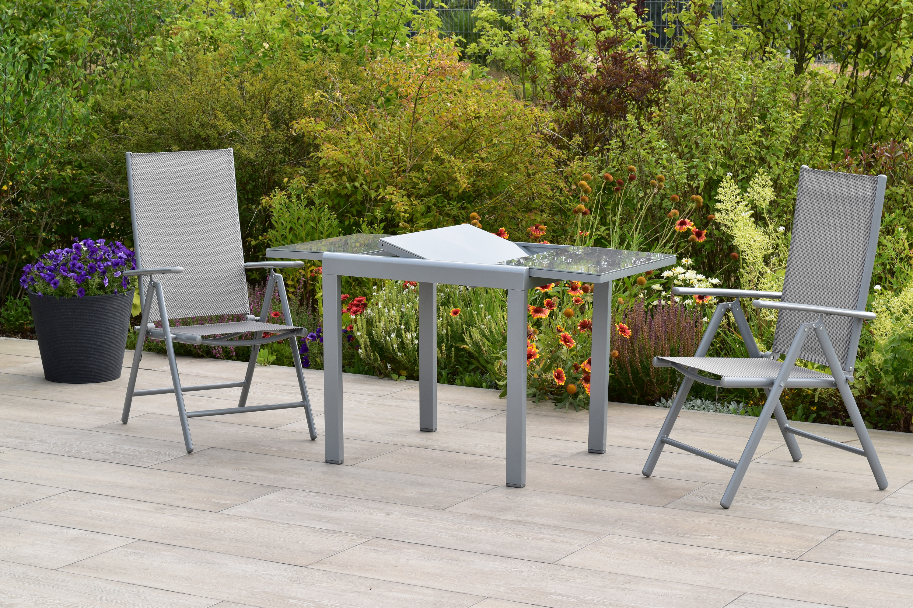 50877-330-3 Amalfi Set, 3tlg., 2 Klappsessel, Ausziehtisch 80/120 x 70 cm, diamantbraun