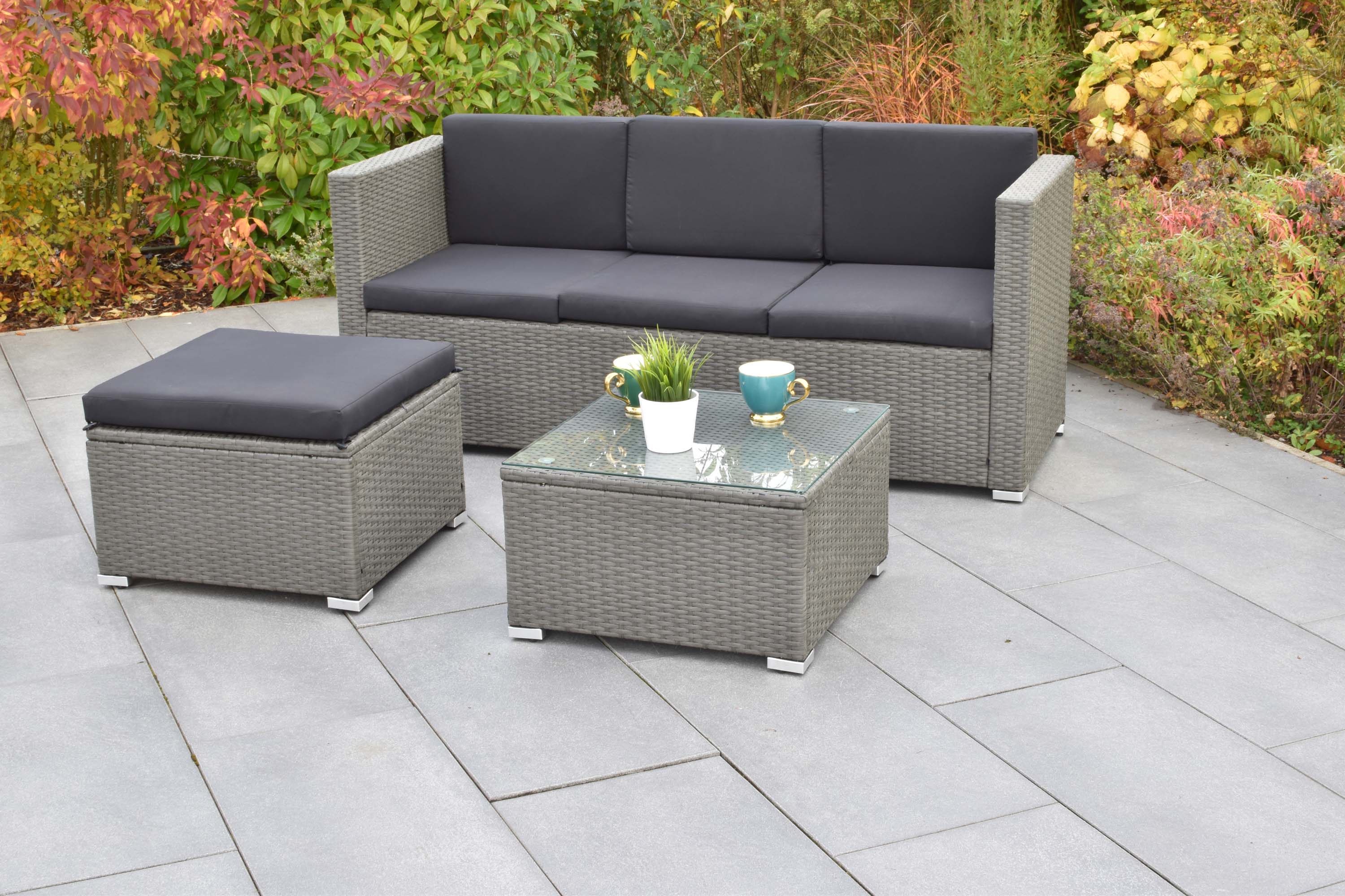 Malta Lounge Set, dreisitzige Bank, 1 Hocker, Tisch, inkl. Kissen